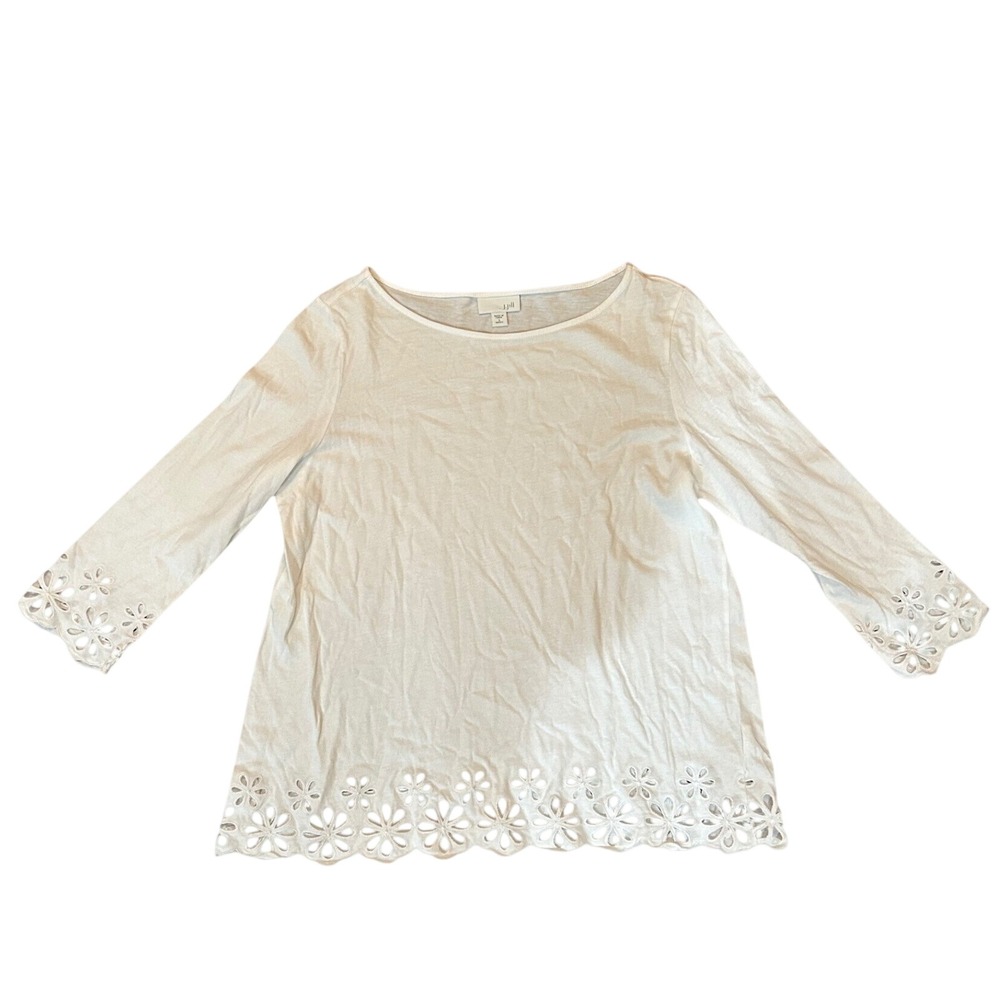J. Jill Eyelet Hem Top Womens White 3/4 Sleeve Floral Embroidery S